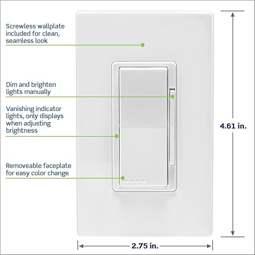 Leviton Decora Smart Dimmer Switch, Wi-Fi 2nd Gen, Neutral Wire Required, Works with Matter, Alexa, Google Assistant, Apple Home/Siri, Wired or Wireless 3-Way, D26HD-1RW, White