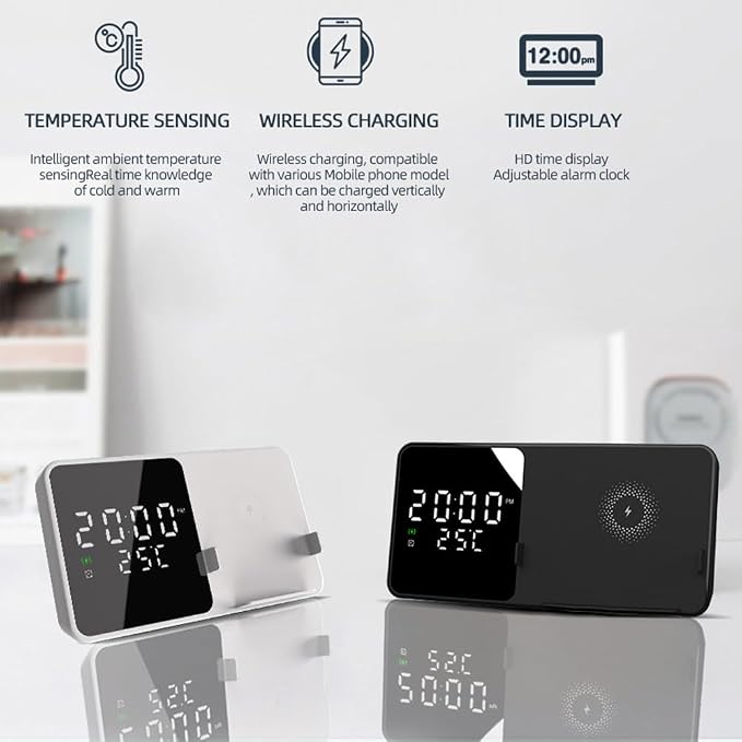 IHAO Multifunctional Alarm Clock with Wireless Charging for Phone 15W Fast Charger Large LED Display Temperature Phone Bracket for Bedside & Desk-W5 White