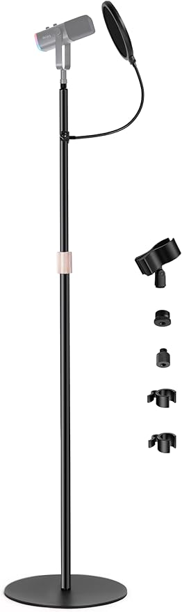 Mic Floor Stand, 63'' Telescopic Microphone Stand for HyperX Razer Fifine Blue Yeti Microphone with Mic Clip,1/4'' Thread and 3/8" 5/8" Adapter, Pop Filter and Cable Clips for Singing Recording Stage