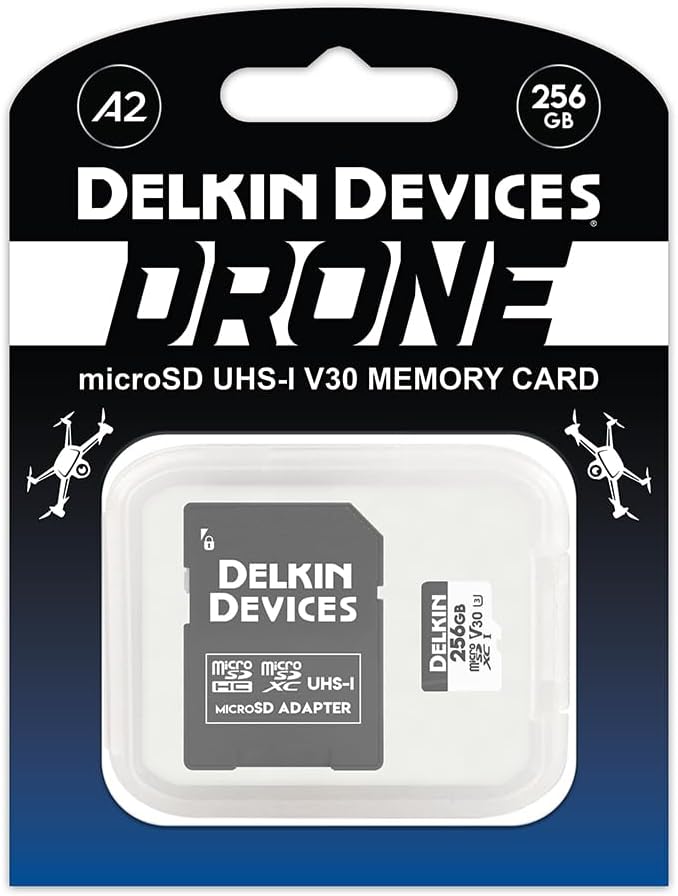 Delkin Devices Drone 256GB microSD Card UHS-I U3 V30 A2 – 190MB/s Read, 155MB/s Write – Designed for Drones, 4K UHD Video, DJI Compatible, microSDXC with Adapter (256GB)