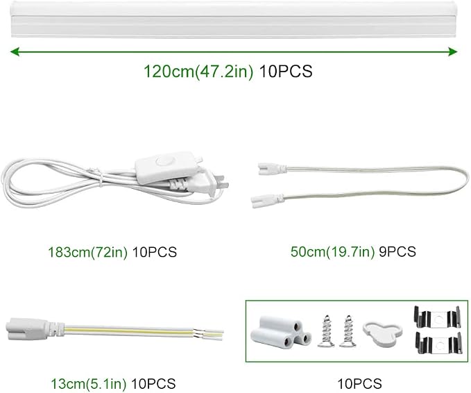 LightingWill 10 Pack LED Shop Light 4FT, Warm White 3000~3500K, 20W, Linkable T5 Integrated Fixture, Utility LED Ceiling Light and Under Cabinet, Corded Electric with Built-in ON/Off Switch