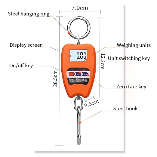 Digital Luggage Scales, 200kg/440lb Portable Mini Crane Scale LCD Display with Backlight Electronic Industrial Scale (Color : Svart, Size : 200kg/0.1kg(Svart)