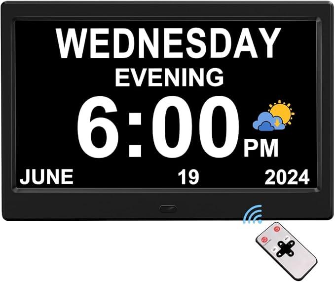 CAZOKASI Extra Large Impaired Vision Digital Alarm Clock with Day and Time for Elderly DST Calendar Clock No Battery Plug-in Power Outage Memory Auto Dimmable Clock (10.1 Inch Black)
