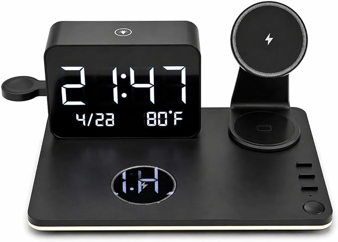 25W Magnetic Wireless Charging Station with Bluetooth Clock, 7-in-1 Rotatable Stand with Dimmable LED Lamp, 65W Adapter, Charger for iPhone 17/16/15 Apple Watch AirPods Bedside Nightstand Desk