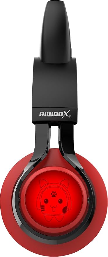 Riwbox CT-7 Cat Ear Bluetooth Headphones, LED Light Up Bluetooth Wireless Over Ear Headphones with Microphone and Volume Control for Travel/School/Smartphones/Laptop/PC/TV （Red&Black）