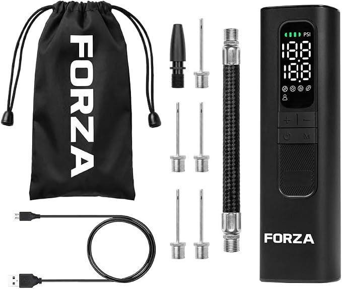 FORZA Digital Ball Pump │Rechargeable Electric Air Pump with LED Torch | Portable Sports Ball Inflator with Needles, Flex Hose, USB Charging Cable and Carry Case