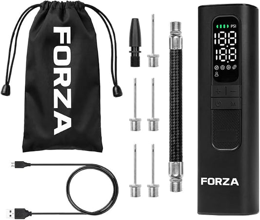 FORZA Digital Ball Pump │Rechargeable Electric Air Pump with LED Torch | Portable Sports Ball Inflator with Needles, Flex Hose, USB Charging Cable and Carry Case