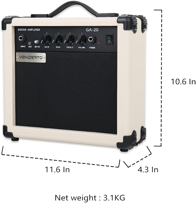 Electric Guitar Amplifier 20w amp Cream White Color gain bass Treble 3.5mm aux in Drive 6.5mm Guitar Input Headphone Portable for Beginner Starter Practice Travel amp noiseless Cable Pick and Adapter