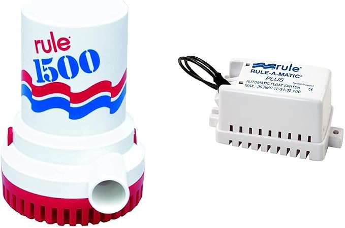 Rule 02, Bilge Pump, 1500 GPH, Non-Automatic, 12 Volt & 40A -A-Matic Plus Bilge Pump Float Switch, 12, 24 or 32 Volt, Moisture Tight Seals, White, Small