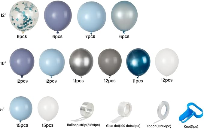 Restaurantware-Balloonify Balloon Garland Set, 1 Party Decoration Kit - 125 Balloons, With Chain, Confetti Blue & Gray Latex Balloon Arch Kit, Includes Glue Dots, Ribbon & Knot