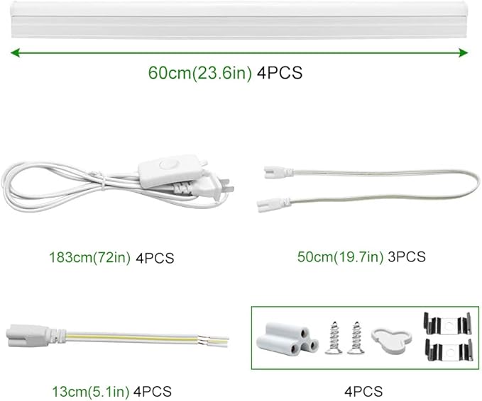LightingWill 4 Pack LED Shop Light 2FT, Daylight White 6000~6500K, 10W, Linkable T5 Integrated Fixture, Utility LED Ceiling Light and Under Cabinet Light, Corded Electric with Built-in ON/Off Switch