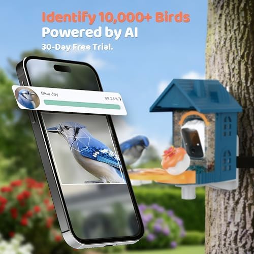 Smart Bird Feeder with Camera Outdoor Birdhouse: AI Identifies 11000+ Species, 2K HD with Arrival Alerts, Attracts Hummingbirds, Solar Powered