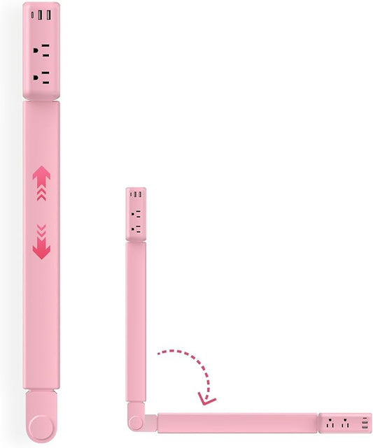 Pink Electrical Outlet Extender with 2 AC Outlets, 2 USB-A, 1 Type-C, Rotates 180°, Extends 22"-34", Access Hard-to-Reach Outlets for Bedroom Office Behind Couches Nightstands Desks Sofa