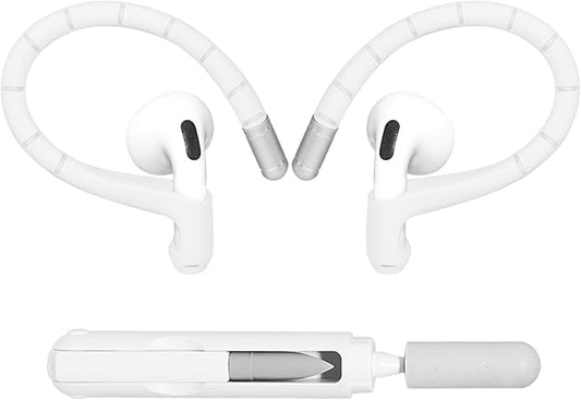 Adhiper Memory Wire Ear Hooks for Airpods Pro 1, 2 & Airpods 4, 3 Gen [Added Anti-Lost Lanyard & 3-in-1 Cleaning Kit], Anti-Slip Sports Accessories Ear Hooks for Airpods Series Earbuds - White