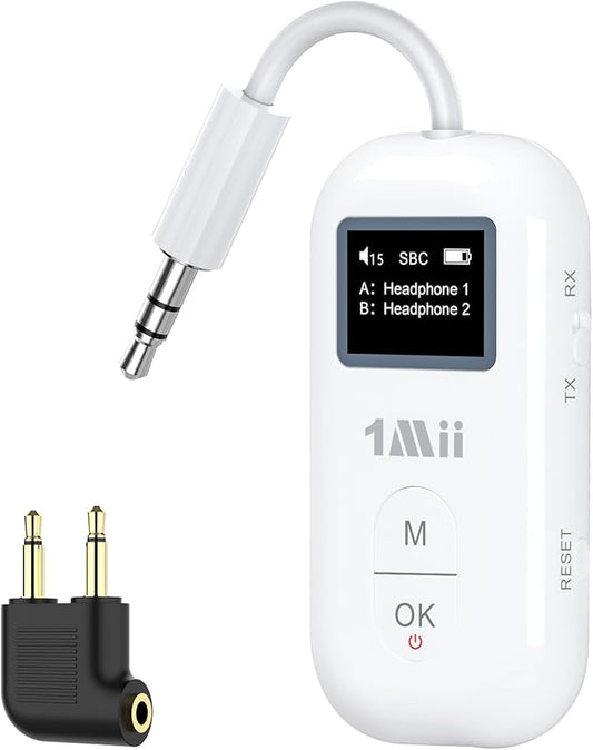 1Mii SafeFly Pro - Airplane Bluetooth Adapter for AirPods or Wireless Headphones, 3.5mm AUX Bluetooth Transmitter Receiver with Screen, Dual Link for Travel Flight, TV, Treadmill, Car/Home Stereo