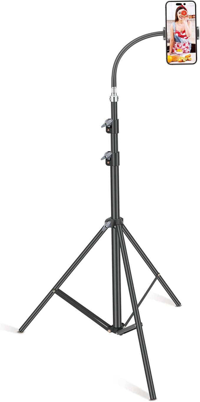 Floor Tripod Stand, 7.2 Feet Retractable Adjustable Gooseneck Tall Tripod for iPhone 12 Pro Max, iPhone 11 Pro Max, iPhone Xs Max, with Smart Phone Holder Clamp