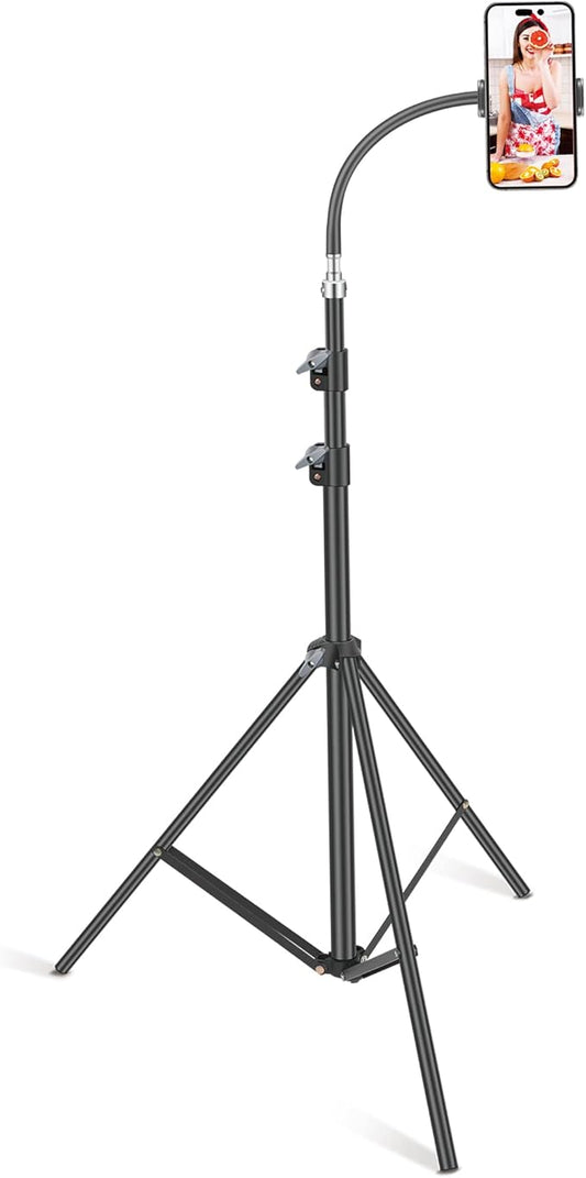 Floor Tripod Stand, 7.2 Feet Retractable Adjustable Gooseneck Tall Tripod for iPhone 12 Pro Max, iPhone 11 Pro Max, iPhone Xs Max, with Smart Phone Holder Clamp