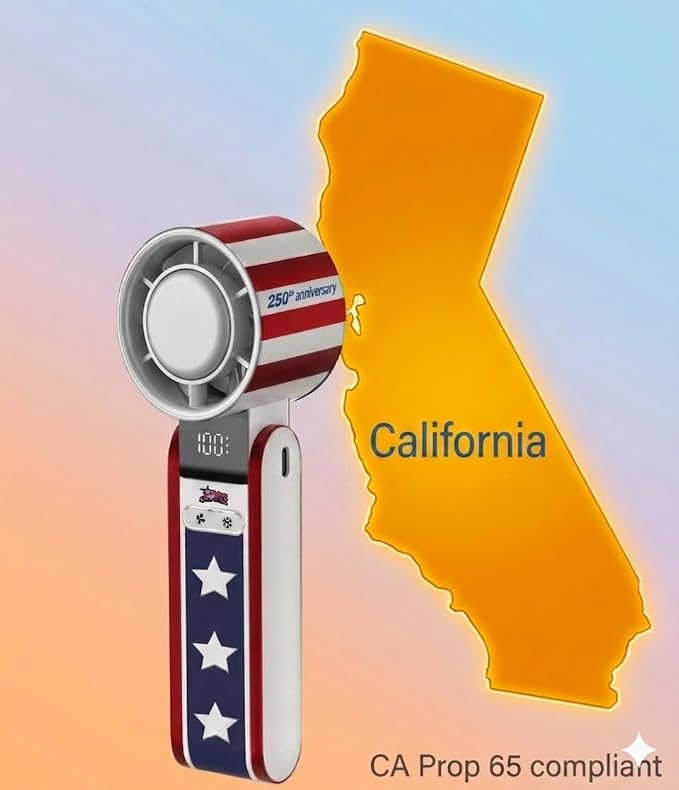 USA 250th Anniversary Celebration Fan Portable cooling with Ice Core technology, lanyard, UL-certified 4000 mAh battery, larger fan head with 9000 RPM for noise reduction