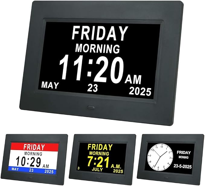TMC 7 Inch Digital Clock with Day and Date for Elderly - 12 Alarm Options, Auto-Dim, Age Seniors,Elderly, Alzheimer
