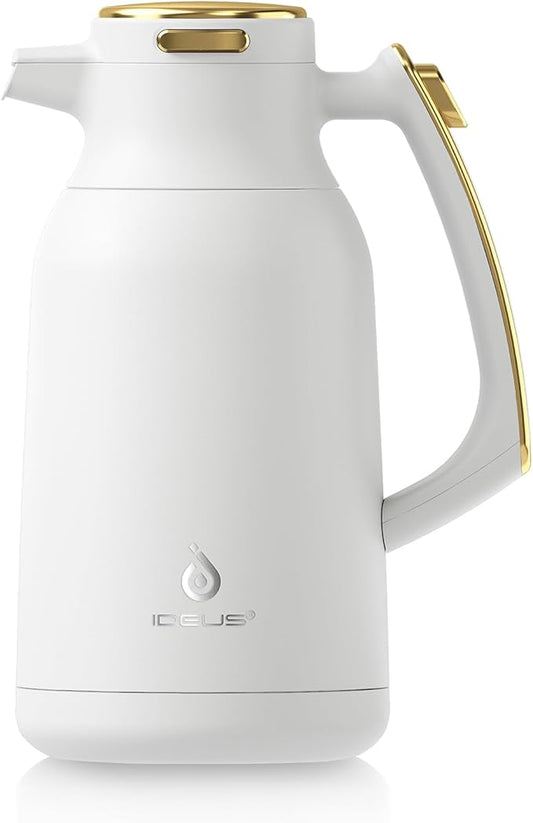 IDEUS Thermal Coffee Carafe, Stainless Steel Double Wall Insulated Vacuum Flask, Water Jug Coffee Server and Beverage Dispenser, Heat and Cold Retention (White-Gold, 68, Fluid Ounces)