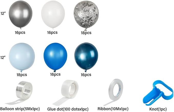 Restaurantware-Balloonify Balloon Garland Set, 1 Party Decoration Kit - 100 Balloons, With Chain, Blue, Silver, & White Latex Balloon Arch Kit, Includes Glue Dots, Ribbon & Knot