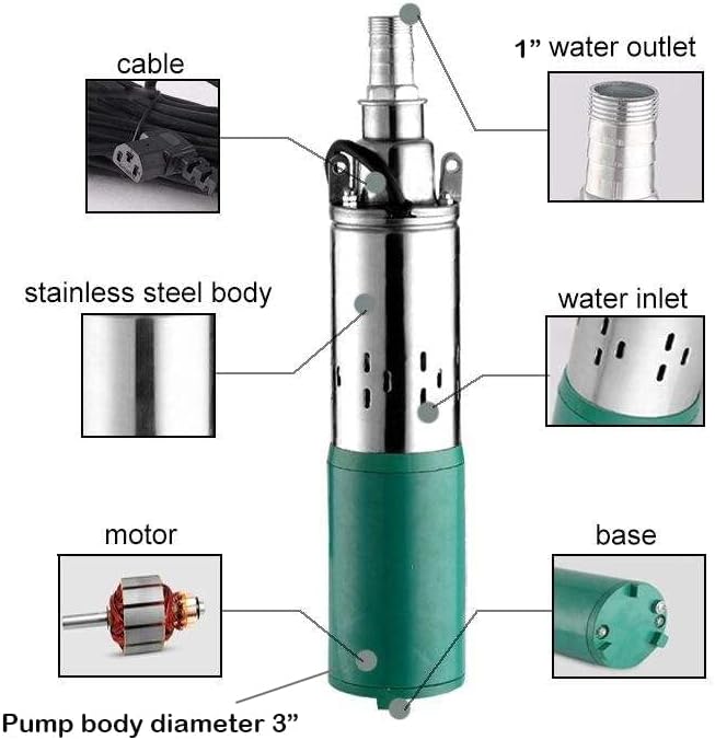 Solar Submersible Well Pump DC 24V 260W Deep Well 3" Tube Stainless Steel Screw 2300L/H 1" Outlet High Lift 53M for Irrigation Agricultural Garden Home