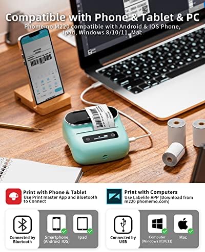Phomemo M220 Label Maker & 1 Roll White Thermal Labels, 1.96" x 1.96"(50x50mm)