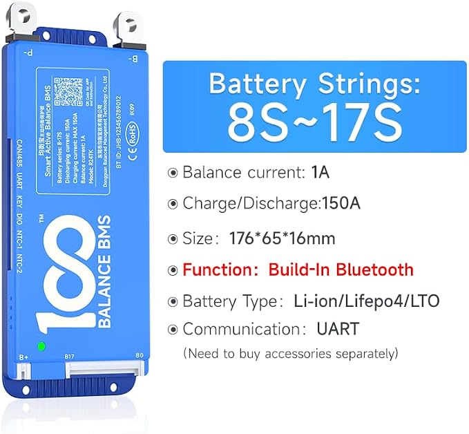 100BALANCE BMS 150A Active Balance 1A 8S-24S Build in Bluetooth Cell Balancing Smart PCB Battery Protection Board for Li-ion/Lifpo4/LTO Lithium Battery Pack