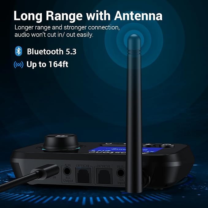 Bluetooth Transmitter Receiver 3-in-1 Bluetooth 5.3 Audio Adapter for 2 Headphones with Bypass Volume Control ON/Off Switch LCD Display 3.5mm Aux/Optical/RCA for Home Stereo TV Speaker PC