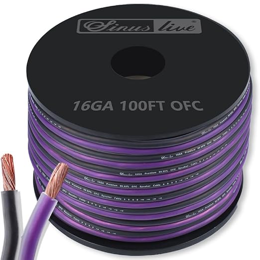 Sinus Live 16AWG OFC(Oxygen Free Copper) Speaker Wire Great use for Home Theater Speakers and Car Speakers, Purple and Black (100FT OFC)