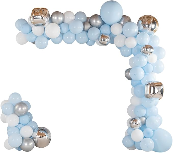 Restaurantware-Balloonify Balloon Garland Set, 1 Party Decoration Kit - 139 Balloons, With Chain, Blue, White, & Silver Latex Balloon Arch Kit, Includes Glue Dots