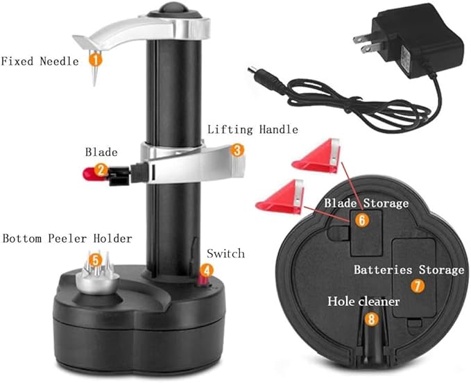 Electric Potato Peeler Automatic Potato Peeler Machine, Electric Peeler Fruits and Vegetables, Apple Peeling Machine for Kitchen [1 Adapter 2 Extra Blades] with Apple Corer (Black-B)