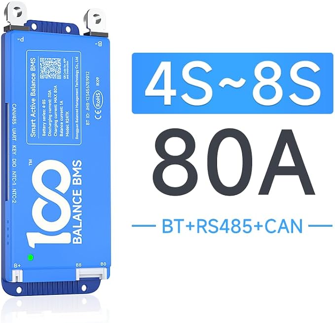 DALY BMS 80A 4S - 8S Built in Bluetooth 1A Active Cell Balancing RS485 CAN for 12V - 24V LiFePO4/Li - ion/LTO Battery Packs Perfect for RV, Portable Power Station, Trolling Motor