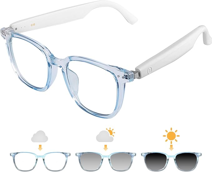 Smart Glasses for Women Men, Bluetooth Audio Glasses with Color-Changing Lenses, Open Ear Sound Speakers, Magnetic Charging, Voice Assistant, Music/Calls, Blue Light Glasses for Working Travel (Blue)