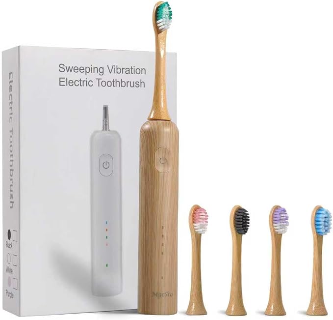 Oscillating Ultrasonic Electric Toothbrush with Bamboo Brush Heads (5 Pack), Sweeping & Vibrating,Type-C Rechargeable, IPX7 Waterproof, 4 Modes for Optimal Oral Care - Perfect Holiday Gift