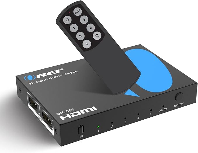 OREI 8K HDMI Switch 5 in 1 Out – HDMI 2.1 Switcher 4K 120Hz, 48Gbps 8K@60Hz, 5 Port HDMI Switch with Remote, HDR10+, VRR, ALLM, QFT, CEC for PS5 Xbox Roku Fire TV