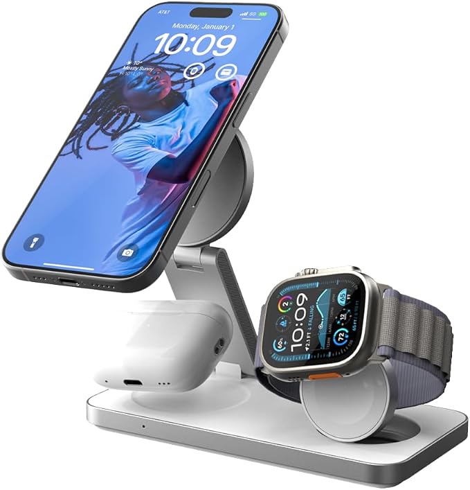 POUT Hands 7 PRO 3-in-1 Foldable Qi2 15W Wireless Charging Stand, Adjustable Angles, Compatible with MagSafe, for iPhone 17–12 Series, AirPods Pro/4/3, Apple Watch Ultra/SE/Series – Platinum White