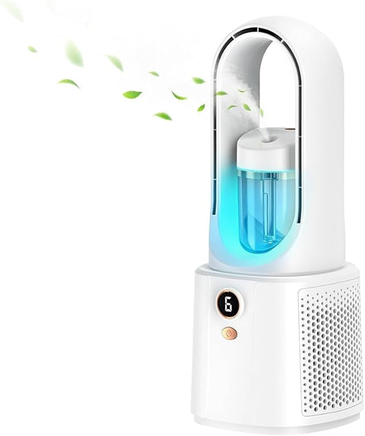 Bladeless Fan for Desk, Night Light & Humidifier Cooler, Desk Fan Quiet, 5 Speeds for Powerful Airflow, Silent Desk Fan, Bladeless Tower Fan for Bedroom, Office, Nightstand