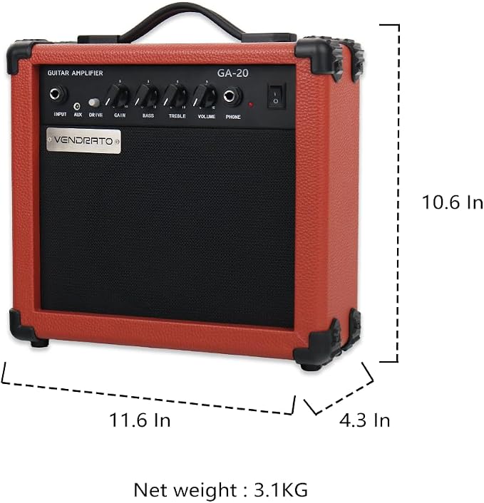 Electric Guitar Amplifier 20w amp Brown Color gain bass Treble 3.5mm aux in Drive 6.5mm Guitar Input Headphone Portable for Beginner Starter Practice Travel amp noiseless Cable Pick and Adapter in
