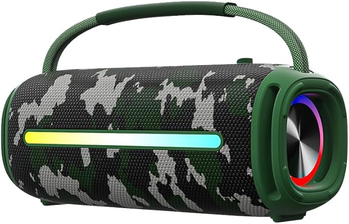 Portable Bluetooth Speaker, Outdoor Waterproof Wireless Speaker with Colorful Flashing Lights, 20W Super Bass, TWS Pairing Suitable for Outdoor, Party, Home, Beach, Travel (Camouflage)