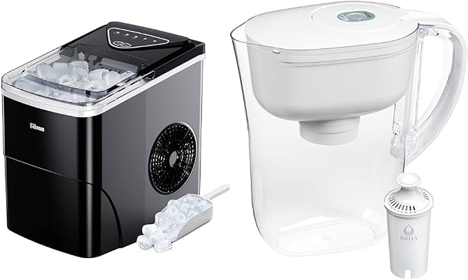 Silonn Ice Maker Countertop & Brita Water Filter Pitcher for Tap and Drinking Water with 1 Standard Filter, Lasts 2 Months, 6-Cup Capacity, BPA Free, White