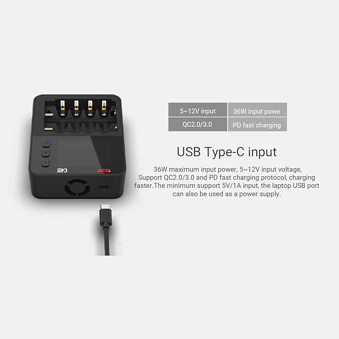ISDT C4 EVO Fast Battery Charger 6-Bay AA AAA 18650 21700 Smart Battery Analyzer Tester for 1.5v Li-ion 1.2v Ni-MH Ni-Cd NiZN Rechargeable Batteries with Discharge Refresh 36W USB-C Input
