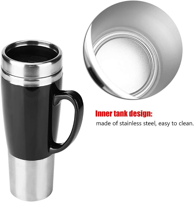 gernie Car Electric Kettle, 12V / 24V 450ml Stainless Steel Heating Cup Portable Car Heated Mug 50W Fast Boiling Electric Coffee Cup with Cigarette Lighter for Winter Travel (Black) (12V)
