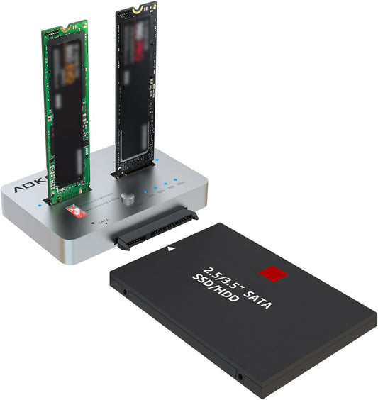 AOKO M.2 NVMe to M.2 SATA and 2.5”/3.5” SSD/HDD Clone Docking Station, USB-C 10Gbps Hard Drive Reader & Two-Way Offline Cloning Dock for M.2 SATA NVMe SSD +2.5/3.5 SATA Hard Drive Duplicator