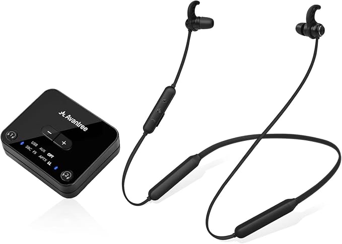 Avantree HT4186 Wireless Headphones Earbuds for TV Watching, Neckband Earphones Set w/Bluetooth Transmitter for Optical Digital Audio, RCA, 3.5mm Aux Ported TVs, Plug & Play, No Audio Delay