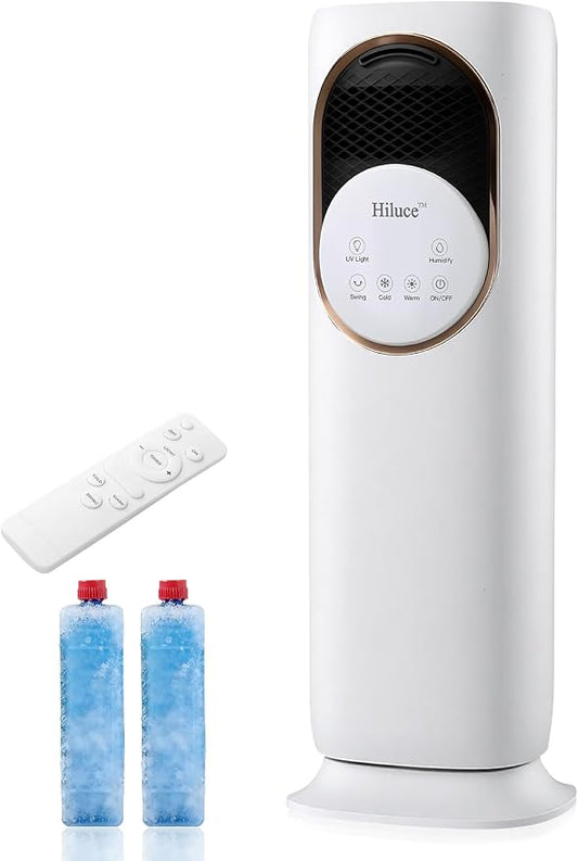 Hiluce 4-IN-1 Evaporative Air Swamp Cooler,Quiet Fan and Heater Combo,28 ft/s Tower Fans that Blow Cold Air,Removable Water Tank,Ice Packs,180°Oscillating,2 Heating & 3 Cooling Speeds,9H Timer