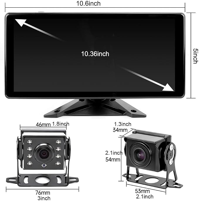 EVERSECU Car Backup Cameras System with 4K 10.36" Touch Screen Quad Display Monitor & 4pcs 1080P Backup AHD Cameras, MP5 Player, Vehicle DVR Recorder for RV/Truck/Bus/Trailer/Camper/Van