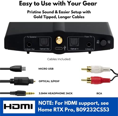 Long Range Bluetooth Transmitter or Receiver, Audio Only for TV PC Stereo, Connect Speaker, Headphones, Phone, aptX Low Latency Wireless Adapter, Listen in HD No Delay Optical RCA 3.5mm (Home RTX 2.0)