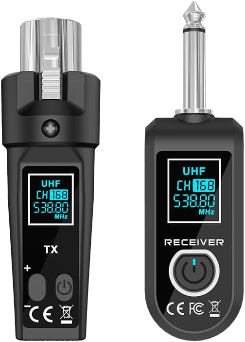 Upgrade 2.4GHZ Wireless XLR Transmitter and Receiver, Built-in Rechargeable Lithium Battery for Dynamic Microphone,Audio Mixer,Electric Guitar Bass (C 1 Receiver + 1 emitter)