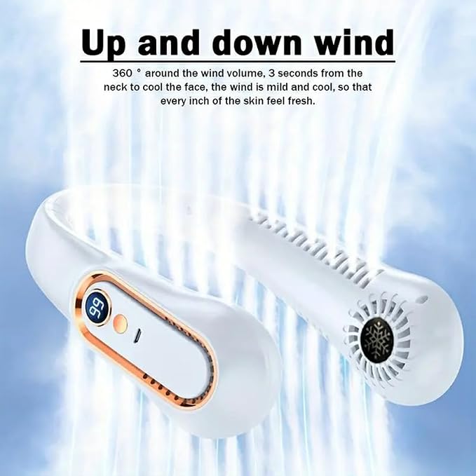 2500mAh portable neck fan, rechargeable USB portable cold fan with 5-speed wind speed and digital display, no blade design (White 2500mAh)
